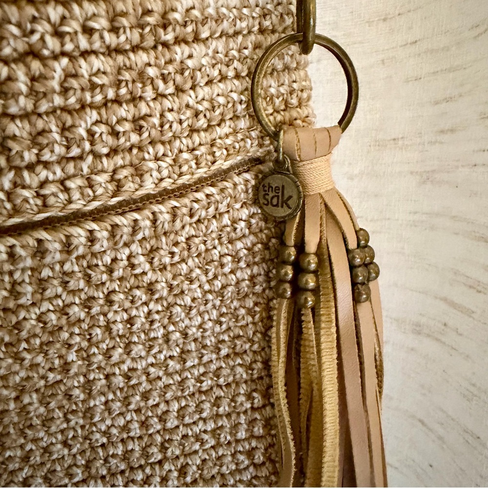 The Sak Beige Crochet Bag with Leather Tassel
